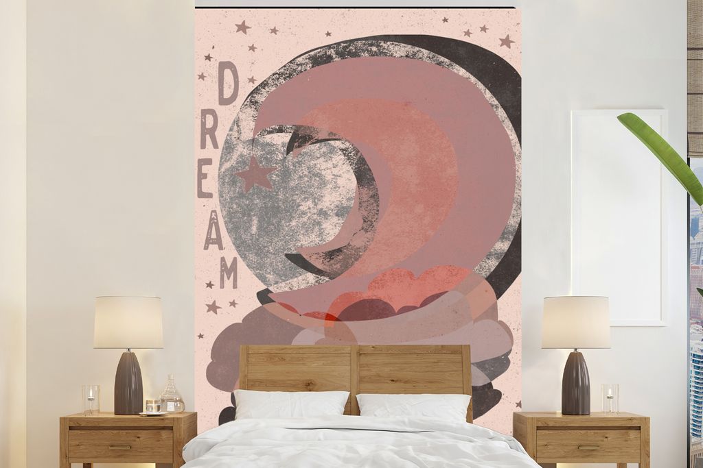 MuchoWow Fototapete für Wohnzimmer oder Schlafzimmer Wandtapete Vinyl Motivtapete Text - Traum - Pastell - Mond - Entwurf - 155x240 cm - Tapete