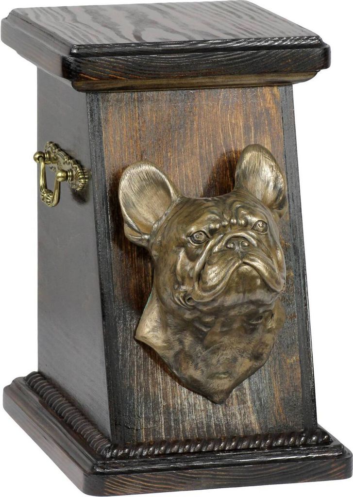 Französische Bulldogge eine Ascheurne für Hunde, eine elegante Urne mit einer Statue, eine Gedenkurne mit dem Porträt eines Hundes von der Marke...