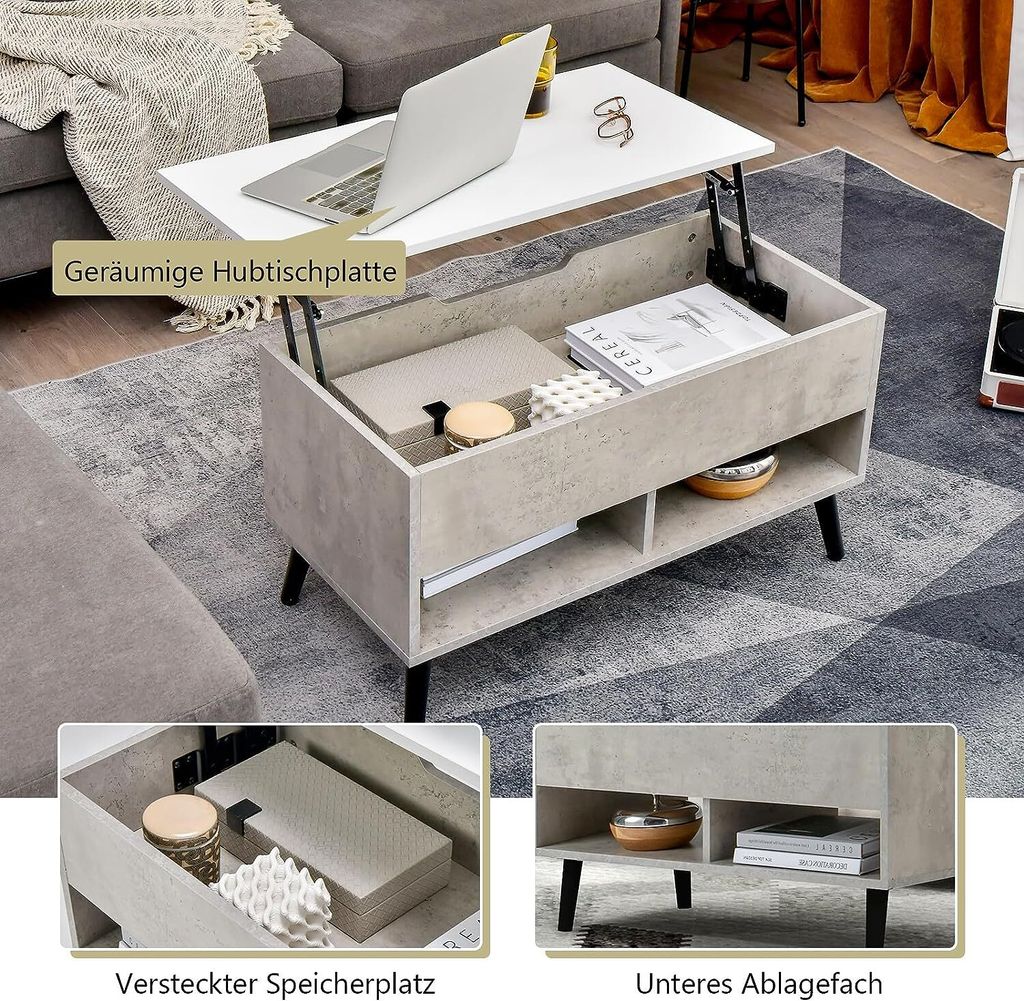 COSTWAY Couchtisch mit höhenverstellbarer Platte Grau
