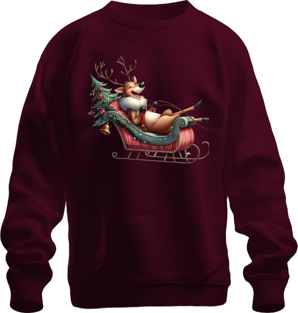 Faules Rentier im Schlitten Weihnachten lustig Geschenk Cartoon Uni Sweatshirt Pullover, Burgundy, XXL