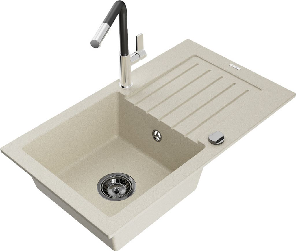 Mexen Pablo 1 Becken-Granitspüle mit Abtropffläche und Mischbatterie Flora, Beige - 6510-69-670401-07-B