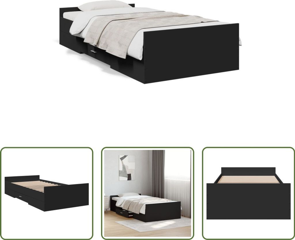 The Living Store Bettgestell mit Schubladen Schwarz 75x190 cm Holzwerkstoff