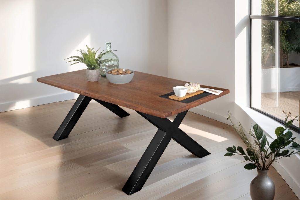 Esstisch Baumkante Akazie massiv Nussbaum 160 x 85 cm X-Gestell schwarz TOMASO