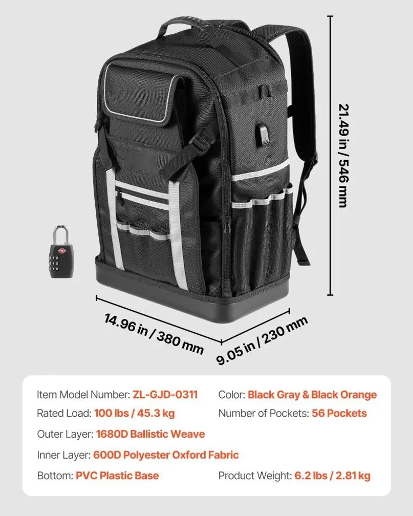 Sacoche à outils Backpack grand volume imperméable avec base rigide