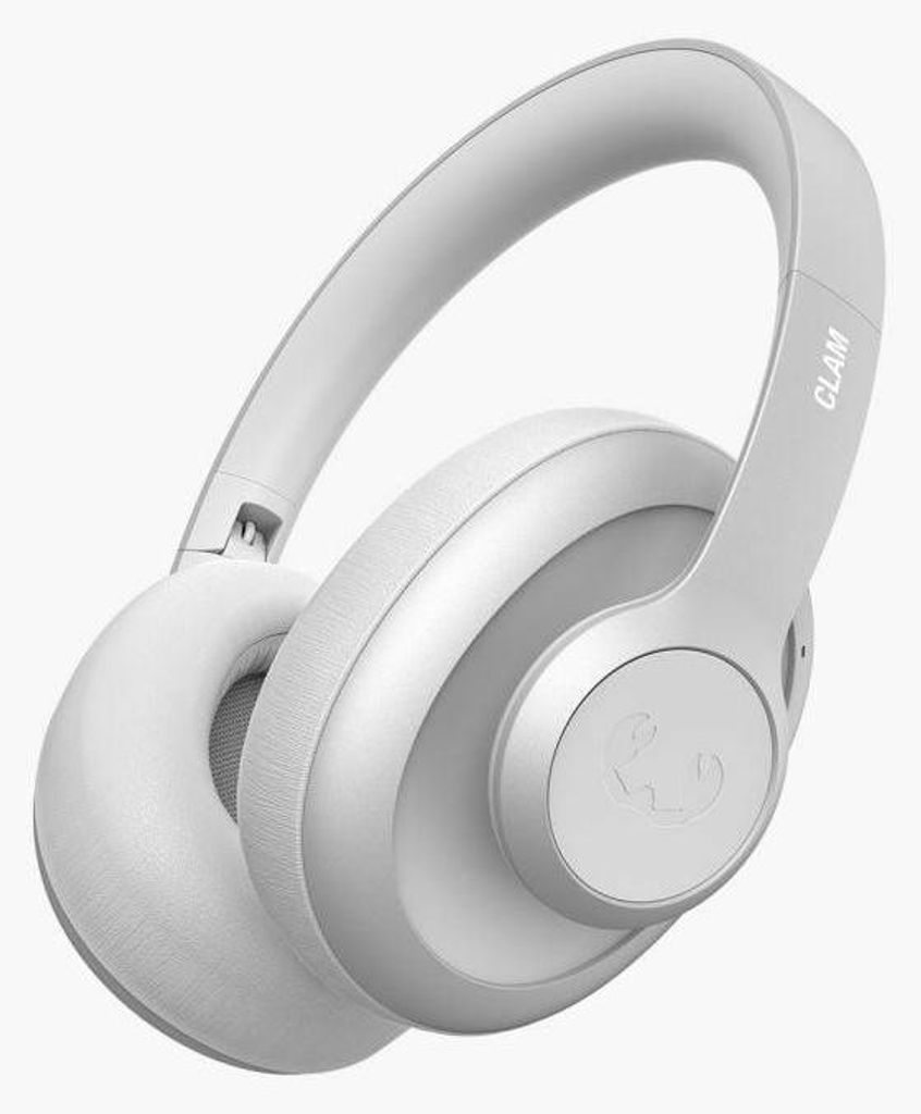 A studio shot of a pair of light gray wireless headphones.