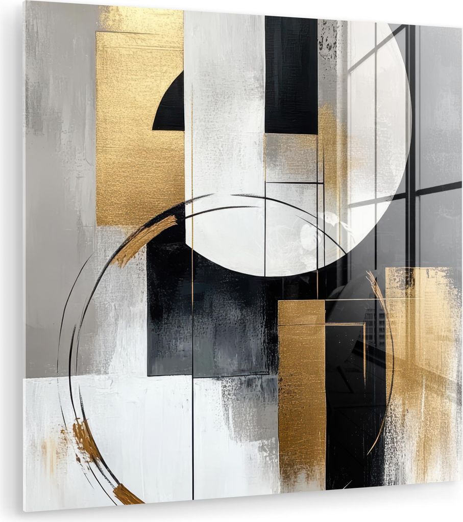 MuchoWow Glasbilder - Bilder auf Wandbild - Foto auf Glas Abstrakt - Gold - Silber - Formen - Ästhetik 50x50 cm Wanddekoration aus Glas - Acrylgla...