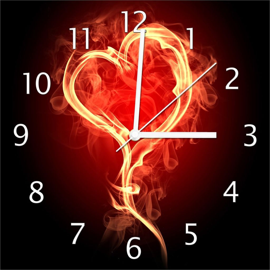 Wallario Design Wanduhr Brennendes Herz aus Echtglas, Größe 30 x 30 cm