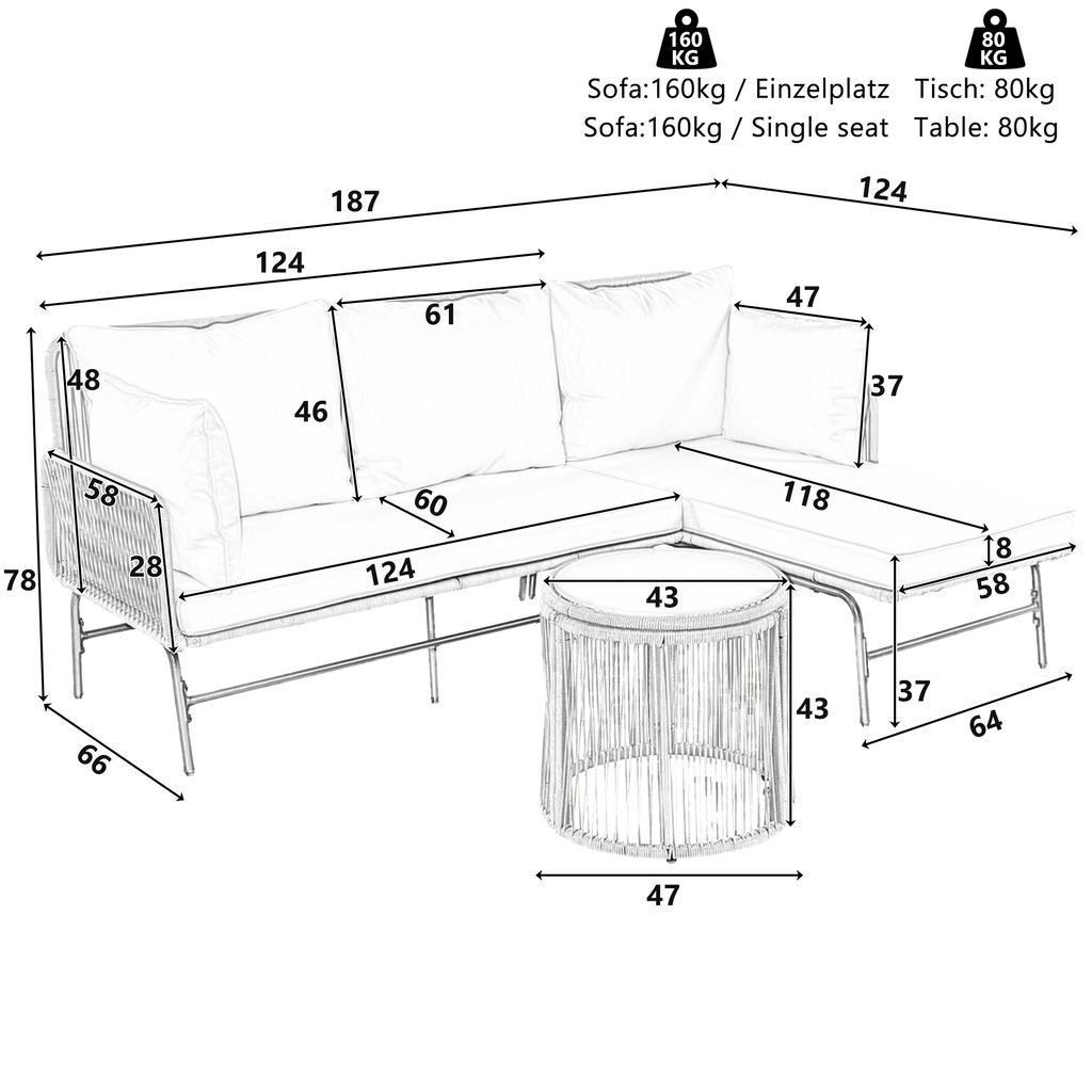 Flieks Gartenlounge Set 3-tlg, Balkonmöbel Set 3 Sitzer, Produktbild 4