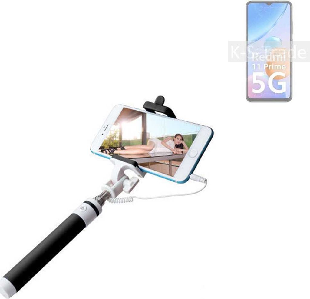 K-S-Trade Selfie Stick kompatibel mit Xiaomi Redmi 11 Prime 5G Selfiestick kabelgebunden Monopod mit Kabel Stab Stange Selfportrait Handheldstick