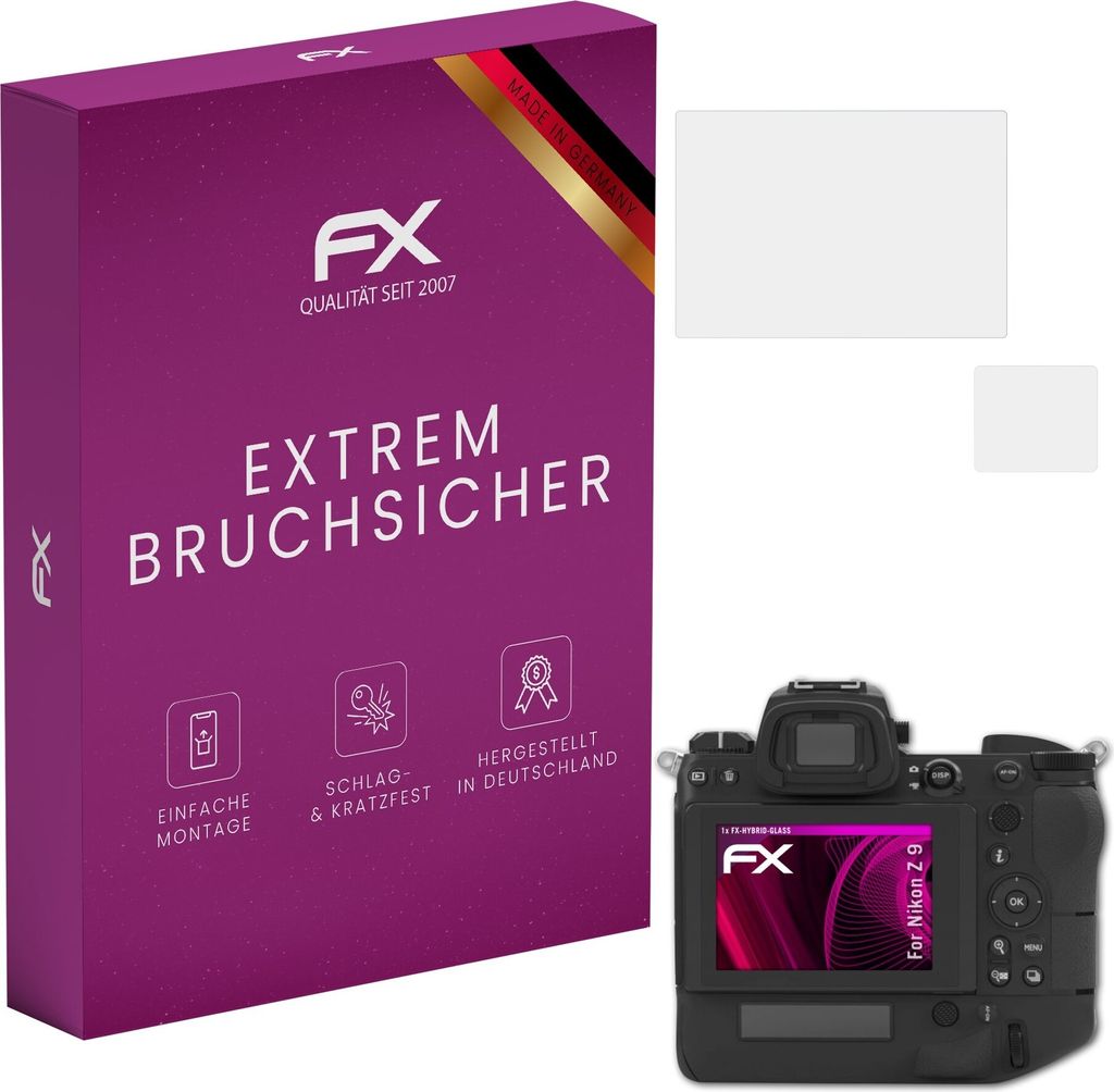 atFoliX FX-Hybrid-Glass Displayfolie kompatibel mit Nikon Z 9 Glasfolie