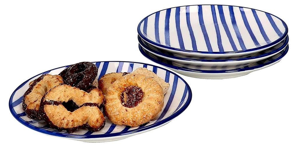 4-teiliges Kuchenteller-Set Streifen Seaside I Geschirr-Set für 4 Personen I Frühstücksteller mit Streifen-Dekor I 4 Porzellanteller Ø 14,5 cm