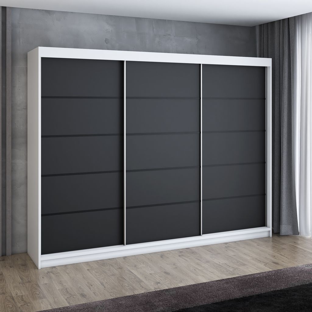 Schwebetürenschrank, 3-türig Schrank 200 cm mit 4 Schubladen, Retrostil Premium! Moderne Garderobe für Kleidung. Verschiedene Farben (Weiß, Sch...