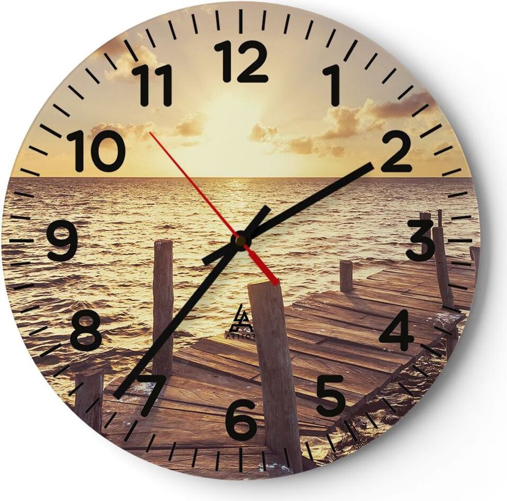 Wanduhr - Rund - Glasuhr - Brücke Sonne Ozean - 30x30cm - Schleichendes Uhrwerk - Lautlos - zum Aufhängen bereit - Dekoration Modern - Wanddekora...