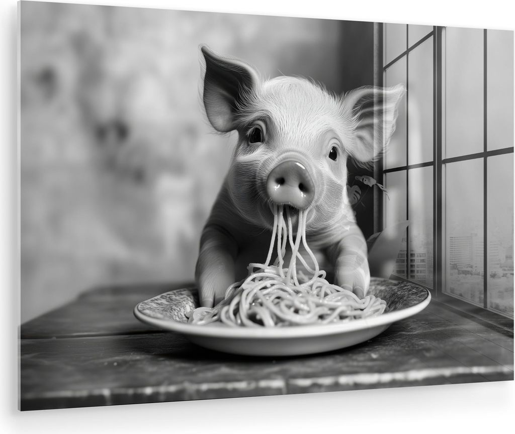 MuchoWow Glasbilder - Bilder auf Wandbild - Foto auf Glas Schwein - Niedlich - Spaghetti - Schwarz und weiß - Tier 90x60 cm Wanddekoration aus Gla...