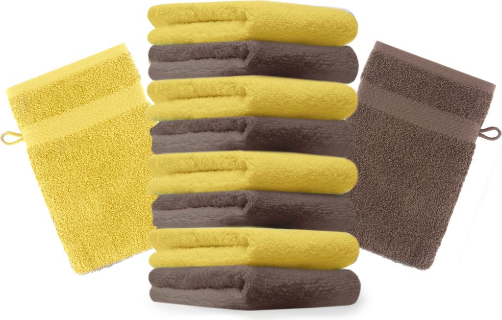 Betz 10 Stück Waschhandschuhe 16x21 cm PREMIUM 100% Baumwolle Farbe: gelb und nussbraun