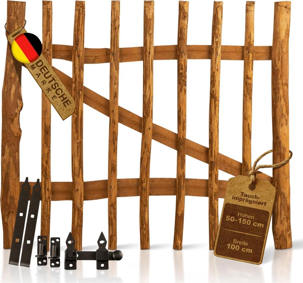 Gartentor Holz imprägniert B 100 x H 120 cm, 3-5 cm Lattenabstand verschiedene Größen Staketenzaun Tor Haselnuss Staketentor Holztor Kastanienzaun