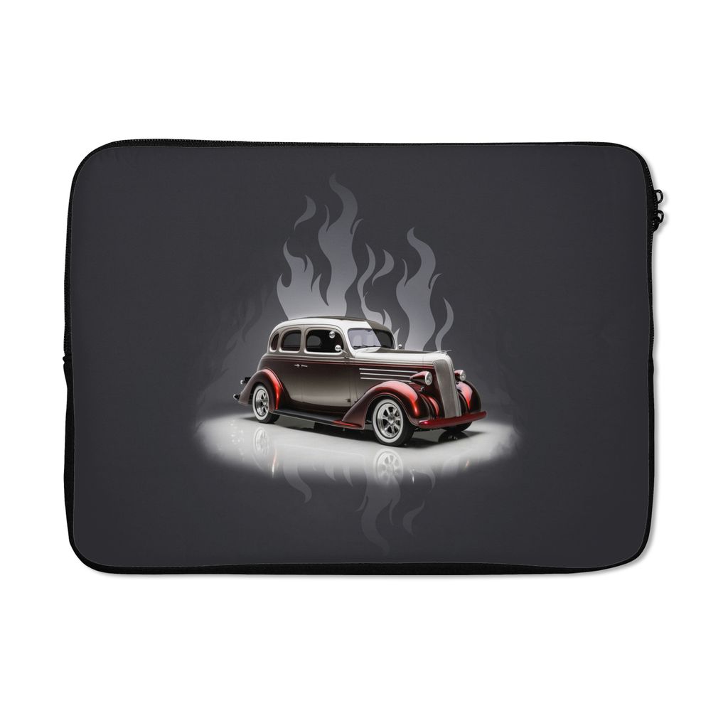 MuchoWow Laptop Hülle 13 Zoll Auto - Weiß - Flammen - Vintage Laptoptasche - Laptophülle - Sleeve - Rundumschutz