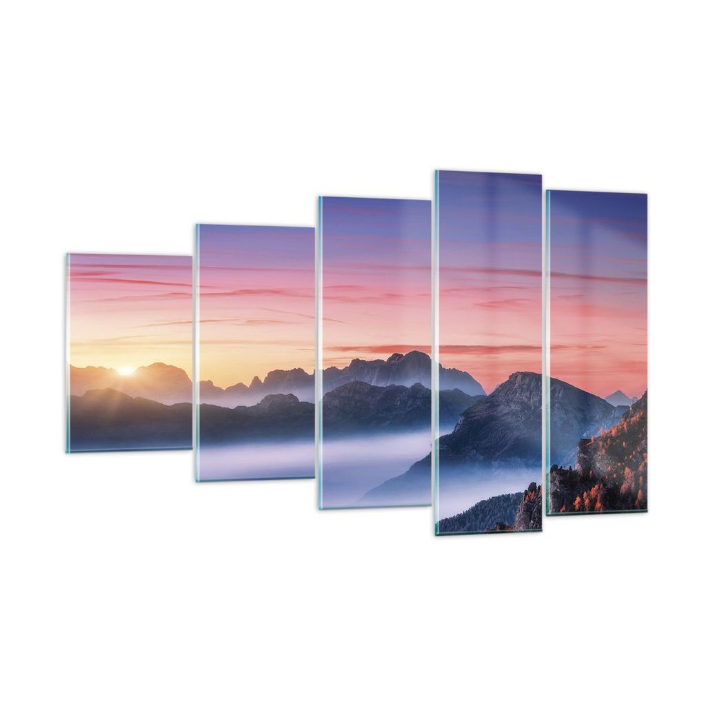 Bilder auf glas - 5 Teile - Westen Sonne Berge - 100x60cm - Glasbilder - Wandbilder - Bilder - zum Aufhängen bereit - Wanddekoration aus Glas - Gl...