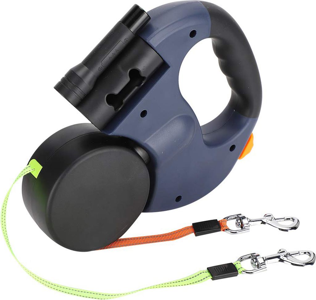 3m Einziehbar Hundeleine Rollleine Gurtleine Doppelleine für 2 Hunde mit LED Lampe, Blau