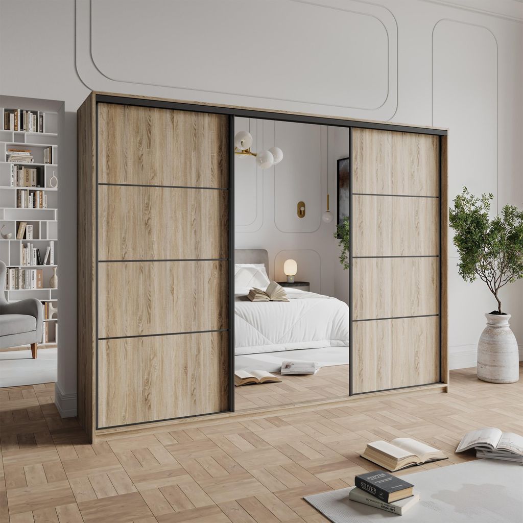 Masseno Schiebetürenschrank VARO 250/205/60 cm Kleiderschrank mit 4 Schubladen Schlafzimmer Schrank 3-türig mit Spiegel Sonoma Eiche