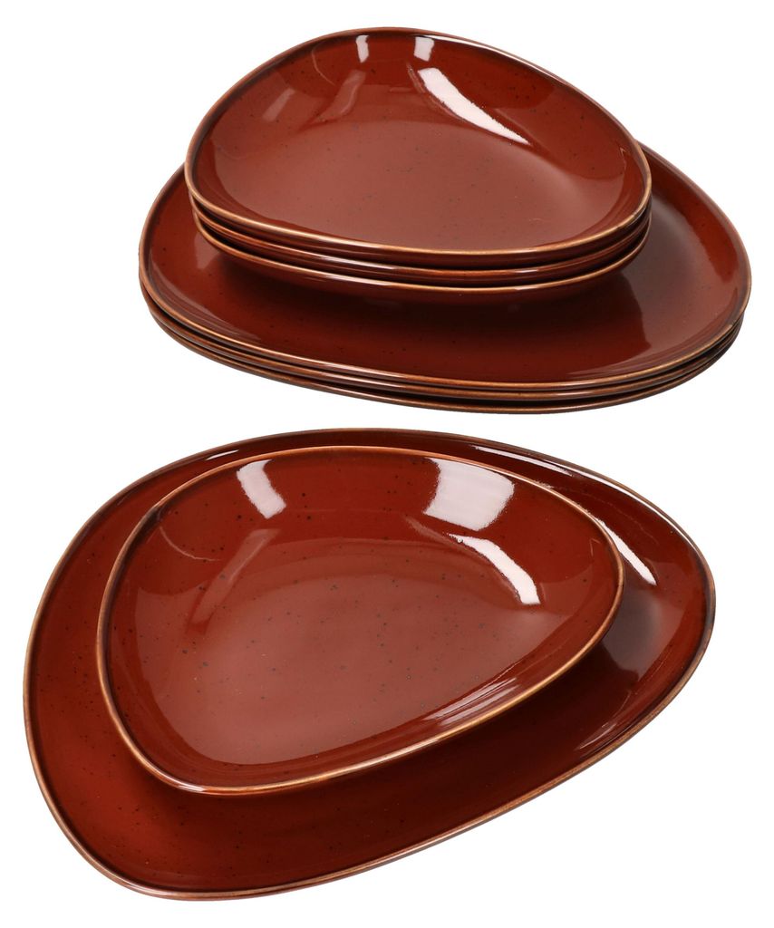 Two stacks of brown, teardrop-shaped plates are shown against a white background.