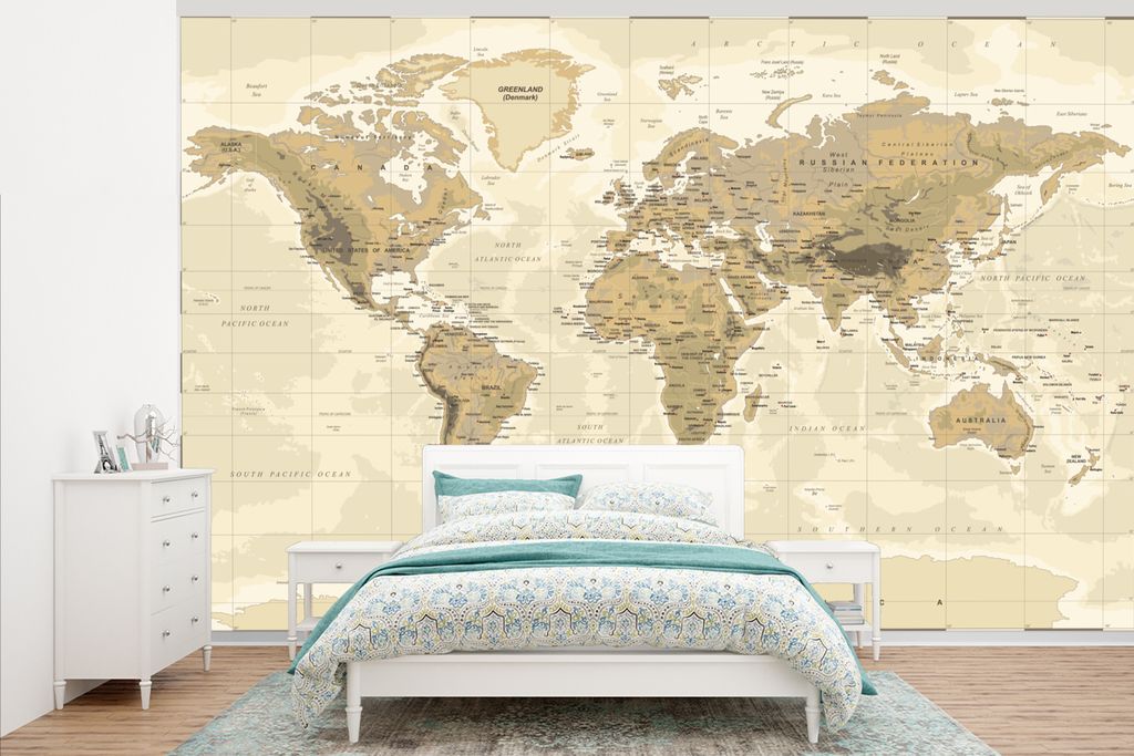 MuchoWow Fototapete für Wohnzimmer oder Schlafzimmer Wandtapete Vinyl Motivtapete Karte - Welt - Jahrgang - 375x240 cm - Wand Tapete