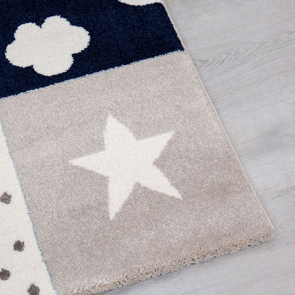 Kinderteppich Teppich Kinderzimmer Babyteppich mit Herz Stern Wolke Blau Beige Creme, Maße:120x170 cm