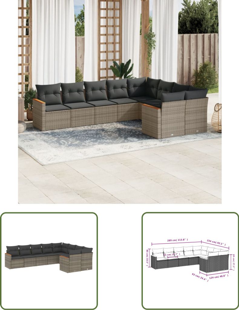 The Living Store 9-tlg. Garten-Sofagarnitur mit Kissen Grau Poly Rattan