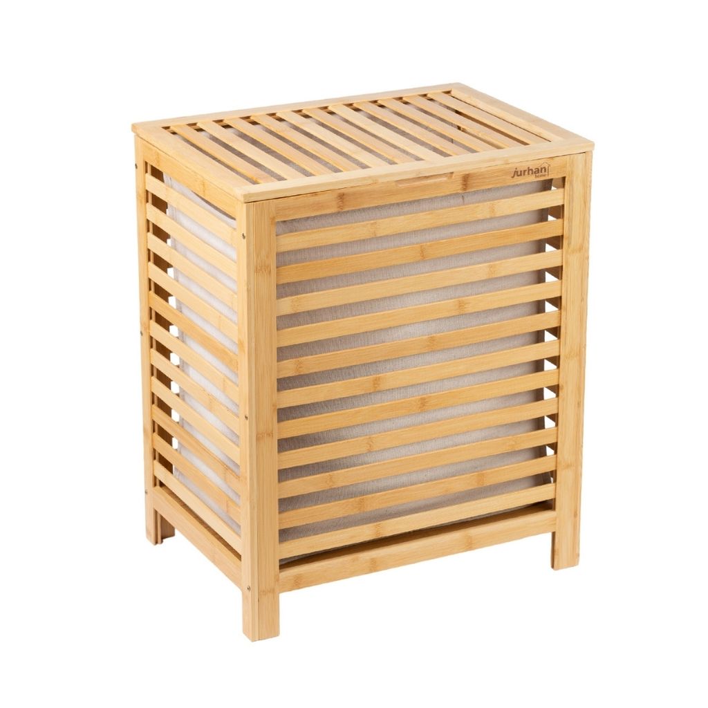 A bamboo laundry basket on a white background.