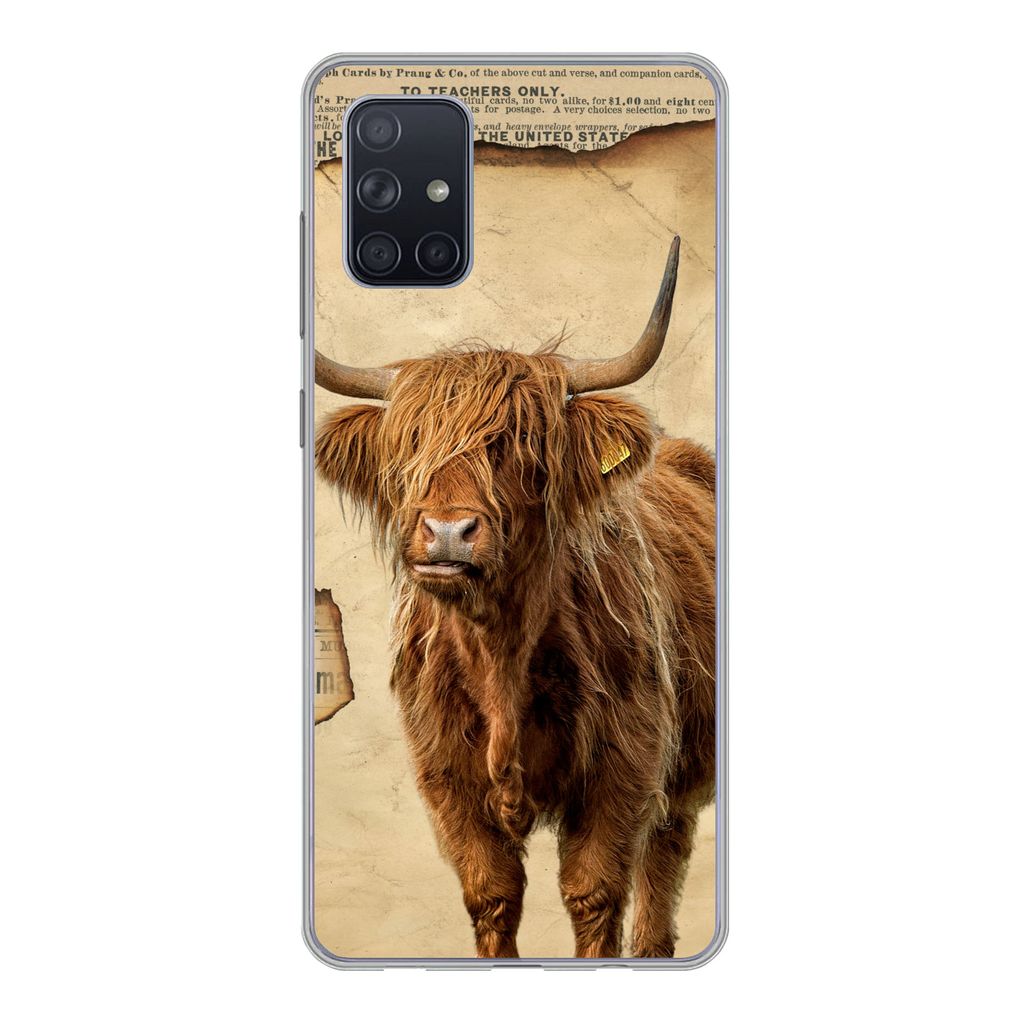MuchoWow Handyhülle Schutzhülle Hülle für Samsung Galaxy A51 5G Schottischer Highlander - Retro - Zeitungsartikel Silikon Softcase Handy Hül...