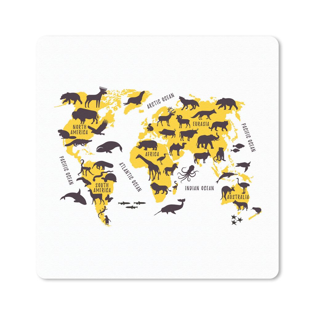 MuchoWow Mauspad Mousepad Weltkarte - Tiere - Gelb 30x30 cm - Mousepads - Maus Mat - Pad - Mausunterlage - Gaming