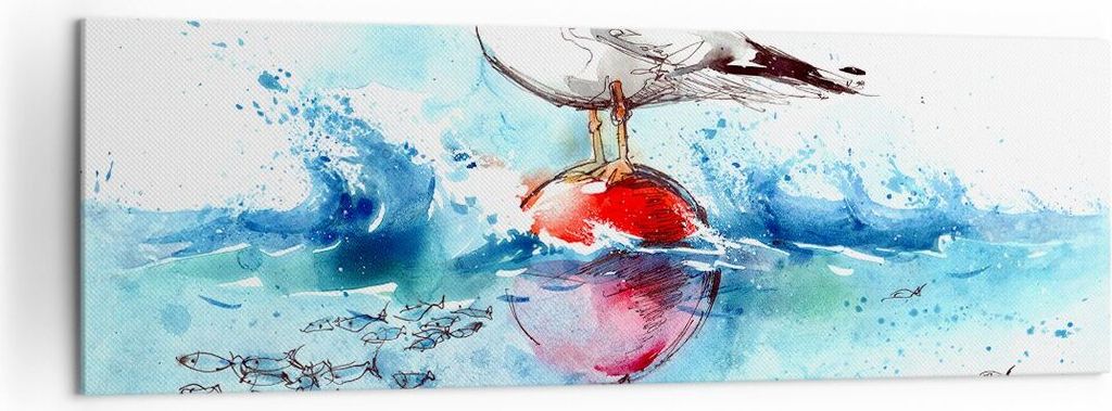 Bild auf Leinwand - Leinwandbild - Wasser Fische Möwe hungrig - 160x50cm - Wand Bild - Wanddeko - Leinwanddruck - Bilder - Kunstdruck - Wanddekora...