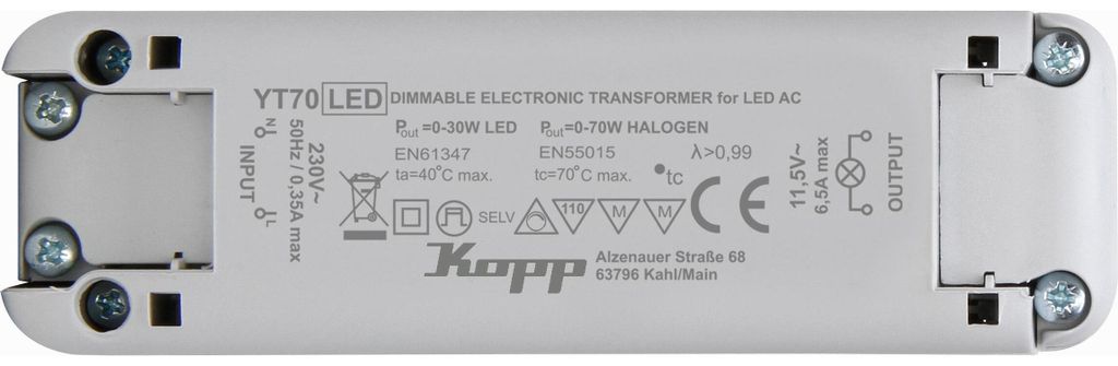 Kopp 202570095, Elektronischer Beleuchtungstransformator, Weiß, 70 W, 230 V, 11.5 V, 50 Hz