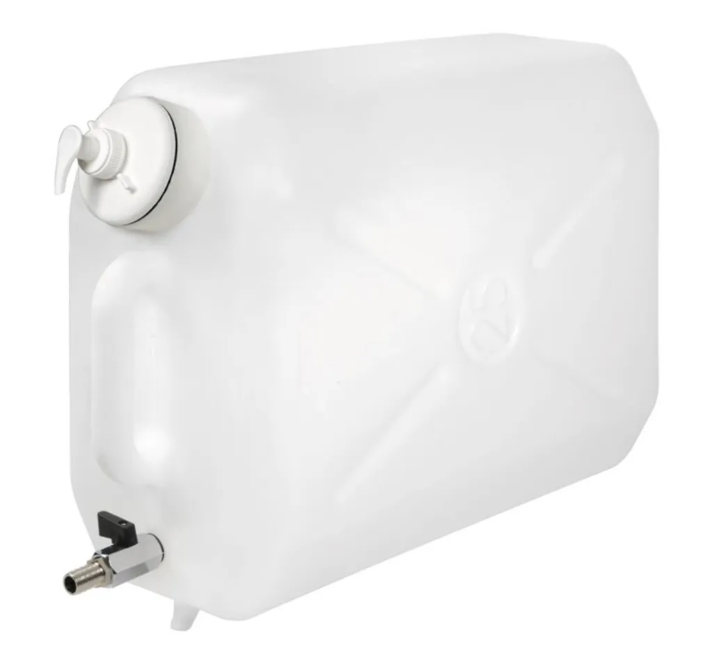 Bidon en plastique 25 L avec robinet métal et distributeur de savon