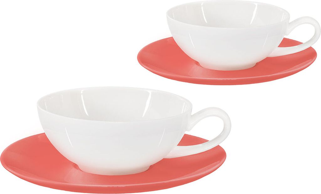 Buchensee Teetassen Porzellan / Teetassen Set Lena mit rundem Unterteller, 2 Tassen je 200ml, weiß/coralrot, Crystal Bone China
