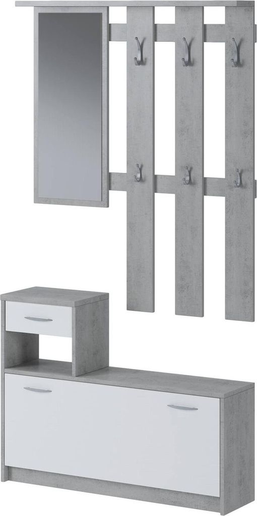 Eingangsmöbel Dbiagin, Moderner Eingang, Schrank mit Schuhregal, Mehrzweckgarderobe mit Spiegel und Kleiderbügel, 100x25h180 cm, Zement und Weiß