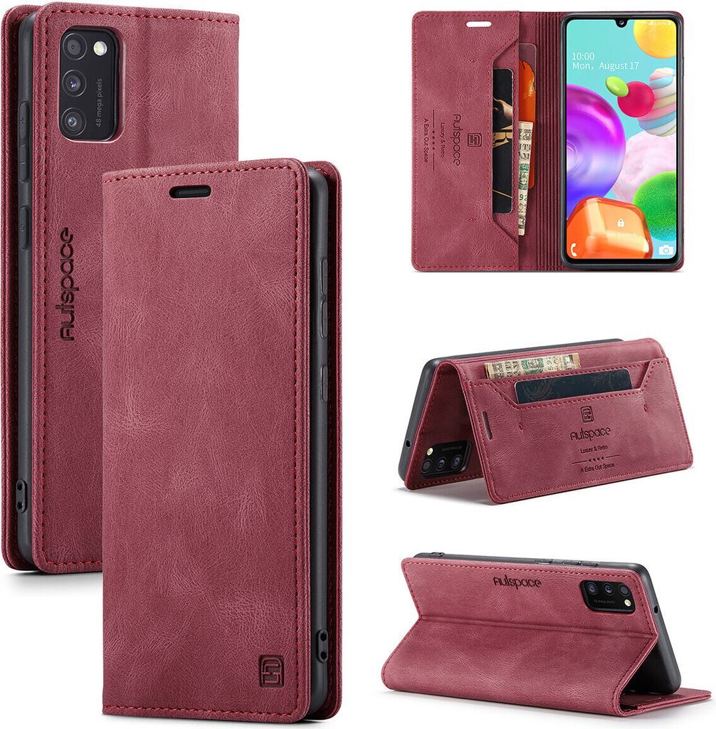 Samsung Galaxy A41 Brieftasche Hülle, Retro Kunstledertasche Stand Schutzhülle für Samsung Galaxy A41 Rot
