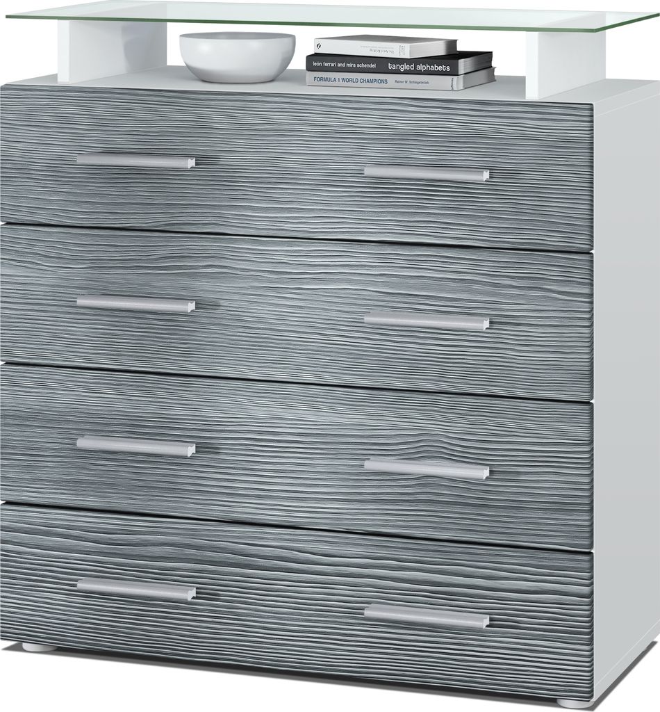Vladon Sideboard Pavos V2, Kommode mit 4 Schubladen und Glasablage, Weiß matt/Avola-Anthrazit (76 x 81 x 35 cm)
