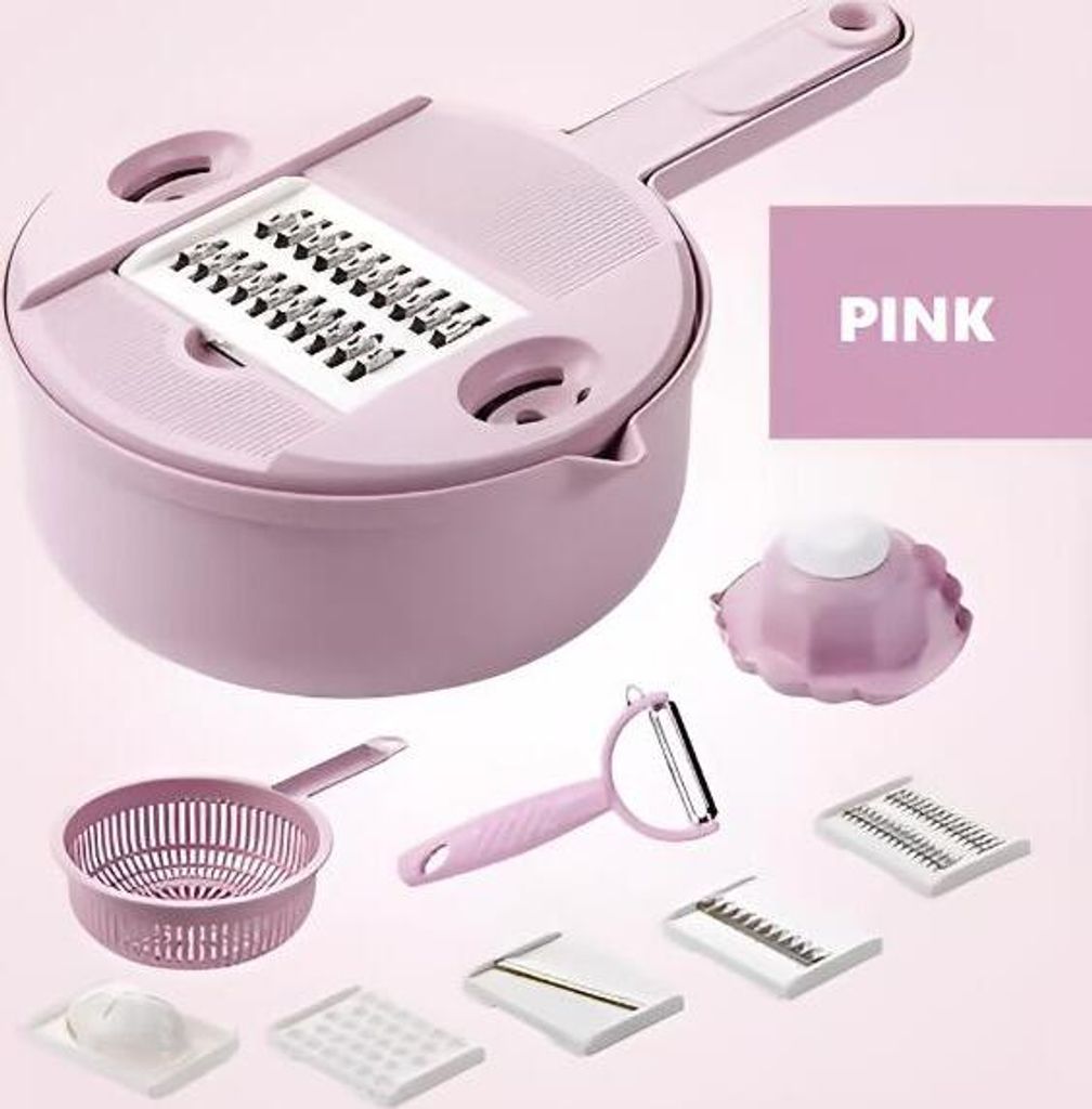 A pink multi-functional vegetable cutter set with various attachments and a colander, displayed against a light pink background.