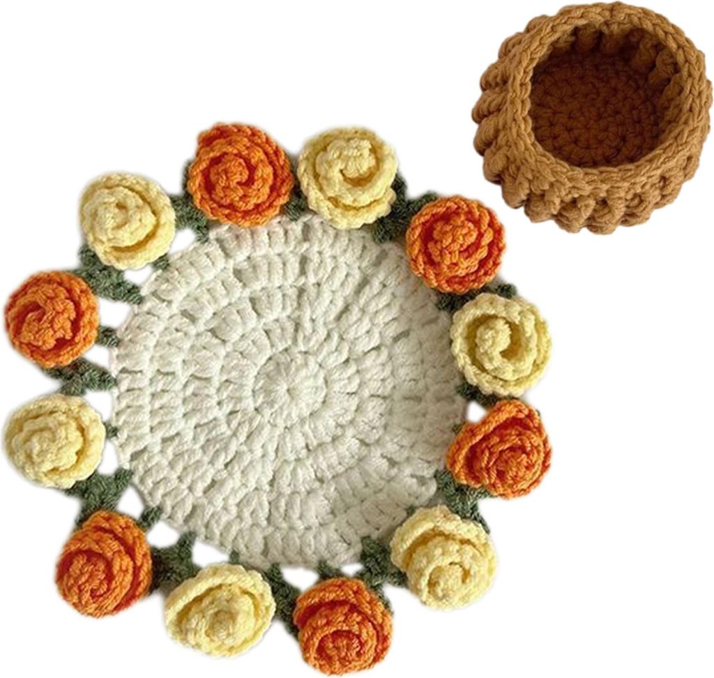 Handgemachte Gehäkelte Blumenuntersetzer, Vintage Rosenblumenstrauß, Untersetzer, einzigartiges Couchtisch-Dekor-Zubehör