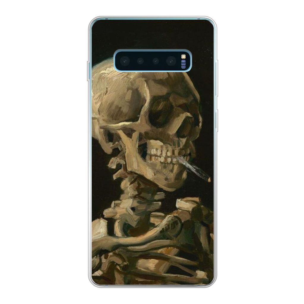 MuchoWow Handyhülle Schutzhülle Hülle für Samsung Galaxy S10 Plus Skelettkopf mit brennender Zigarette - Vincent van Gogh Silikon Softcase Ha...