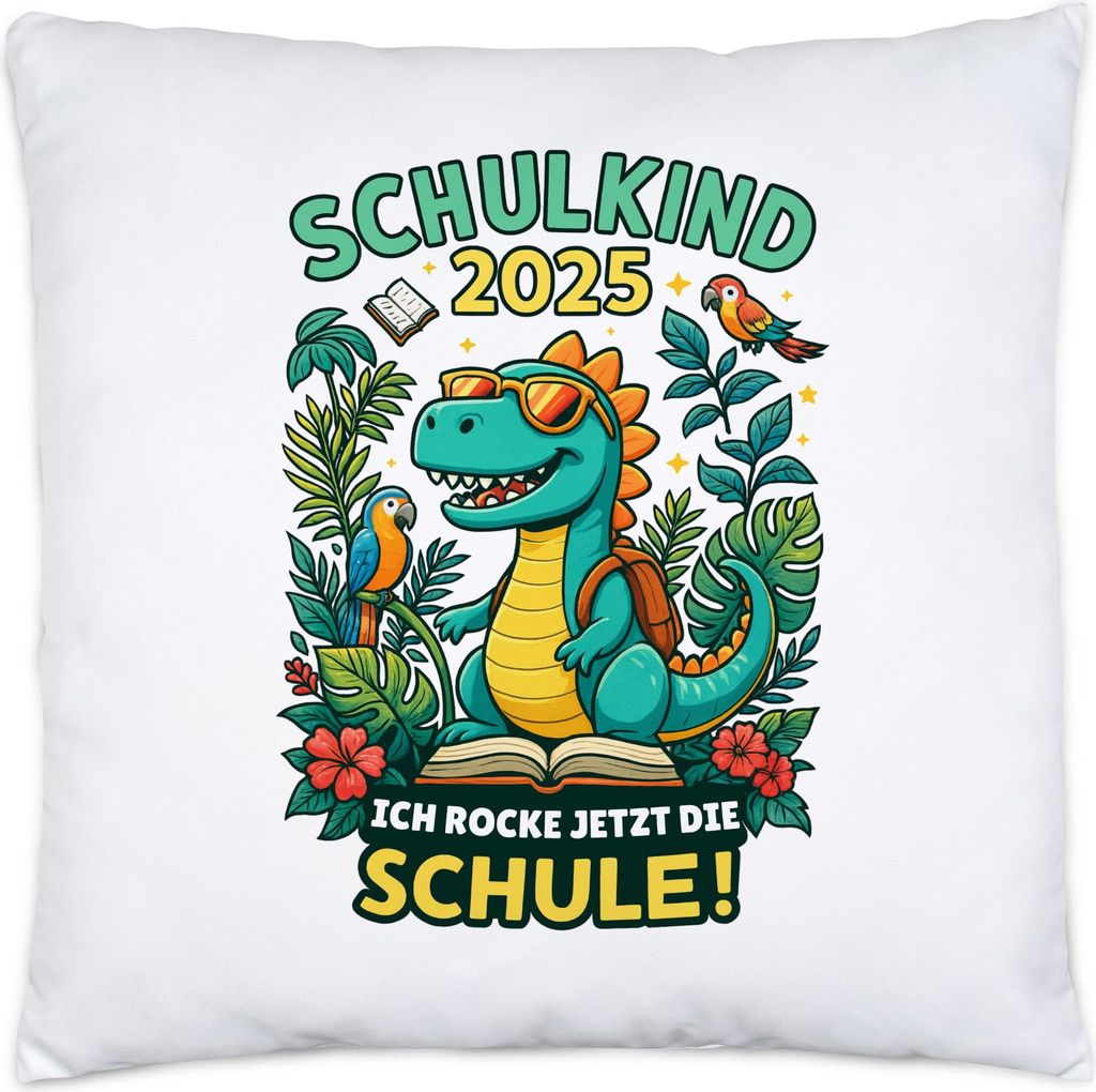 Schulkind 2025 Dino Kissen Ich rocke jetzt die Schule Einschulung Geschenk Erstklässler Kinder buntes Motiv