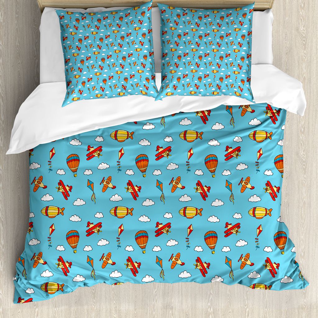 ABAKUHAUS Flugzeug Bettbezug, Verkehrsmittel in der Luft Drachen, Milbensicher Allergiker geeignet mit Kissenbezügen, 200 cm x 200 cm - 80 x 80 cm...