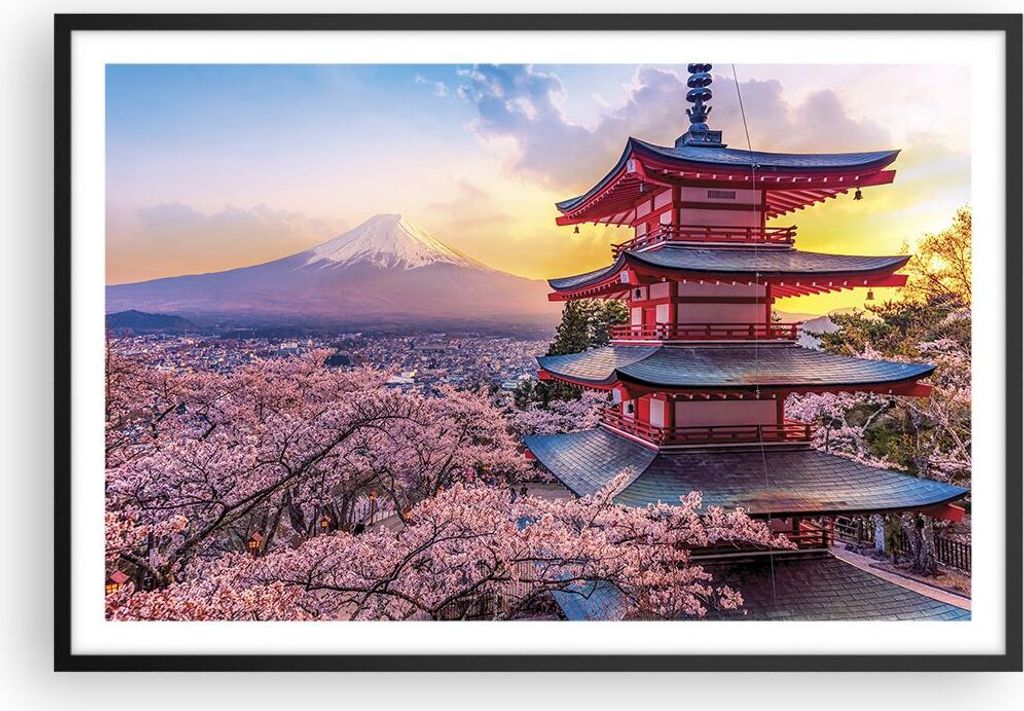 Gerahmtes Poster - Schwarzer Rahmen - Fuji Choreito Pagode - 91,5x61 cm - Wand Bild - Wanddeko - Wandbilder - Kunstposter - Wandposter - Bilderrahm...