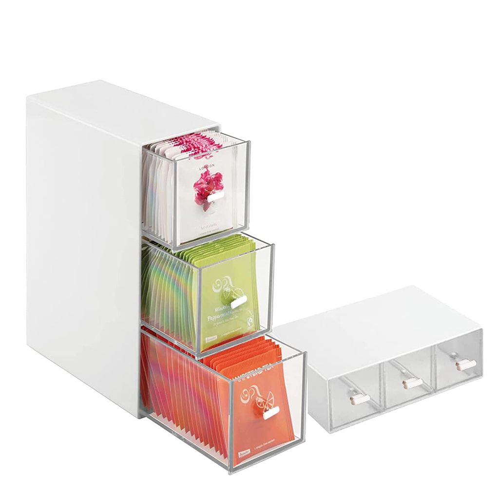 Schreibtisch Organizer mit 3 transparenten Schubladen, Teebeutelbox aus Kunststoff, für Büro, Küche, Bad
