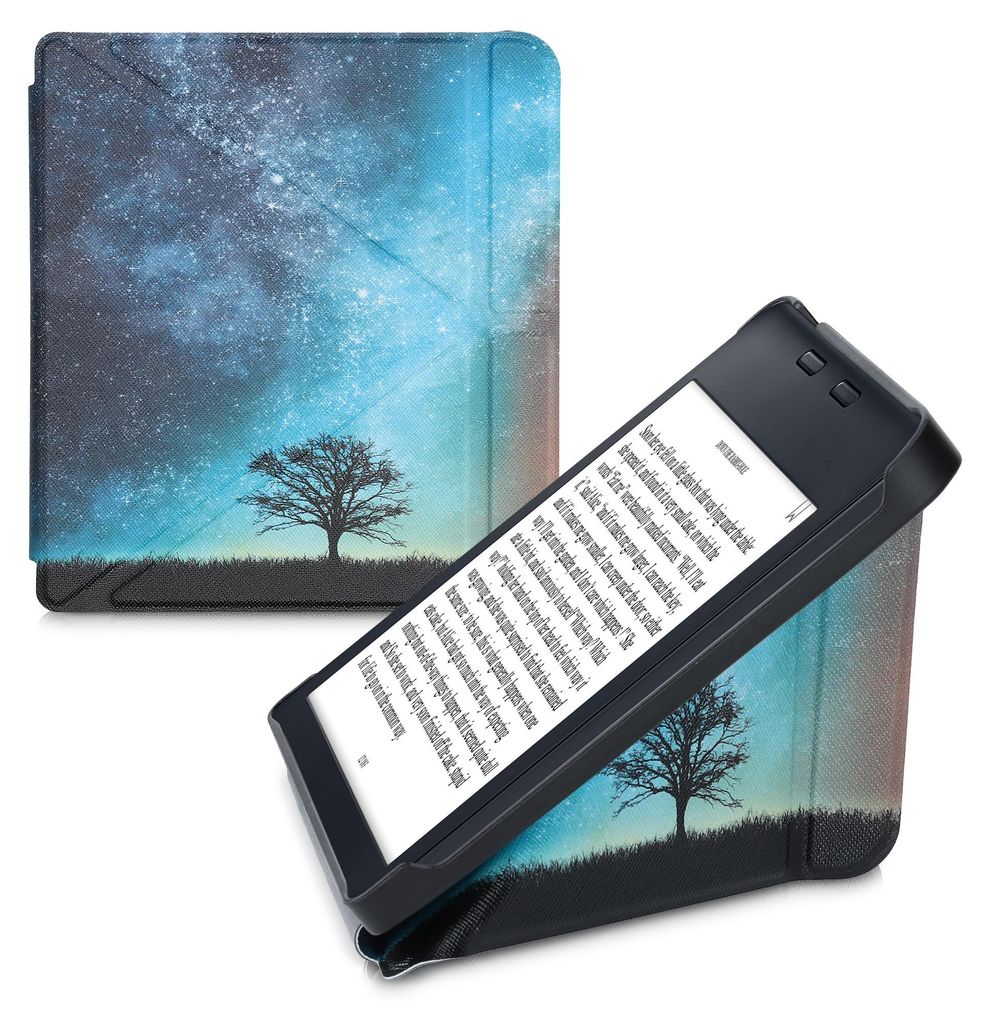 kwmobile Kunstleder eReader Schutzhülle für Kobo Libra 2 Hülle - Falt Cover für E-Reader in Blau Grau Schwarz - Galaxie Baum Wiese