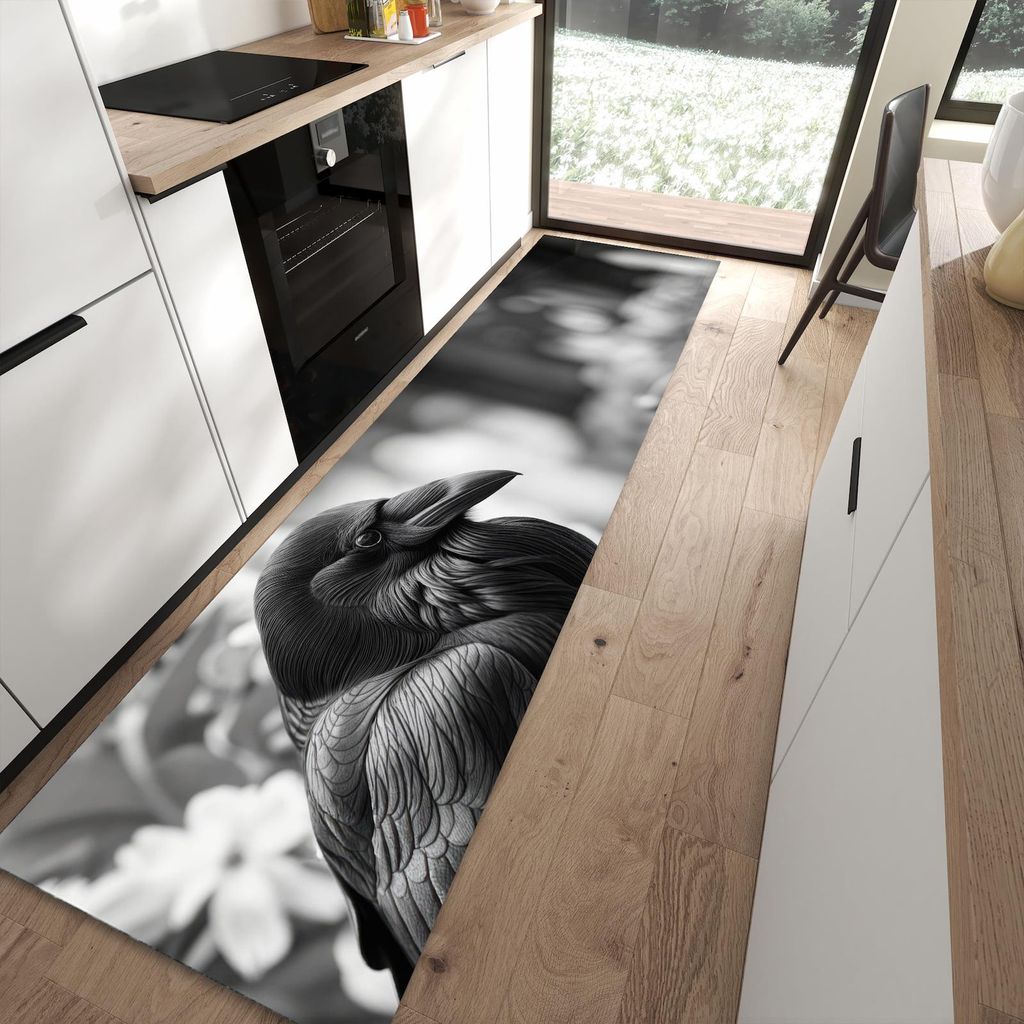 Küchenteppich 80x300cm rutschfest & abwischbar PVC Läufer - Rabe auf Bank