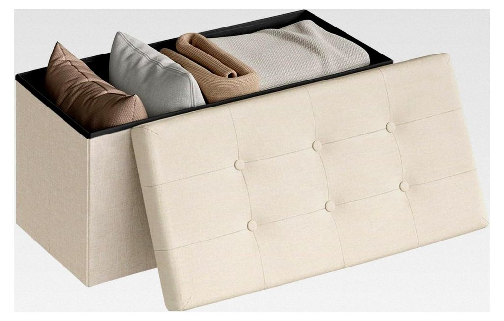 Sitzhocker mit Stauraum, faltbare Sitzbank, Aufbewahrungsbox mit abnehmbarem Deckel, gepolsterte Sitzfläche aus Leinen, 76x37,5x38 cm, Cremeweiß