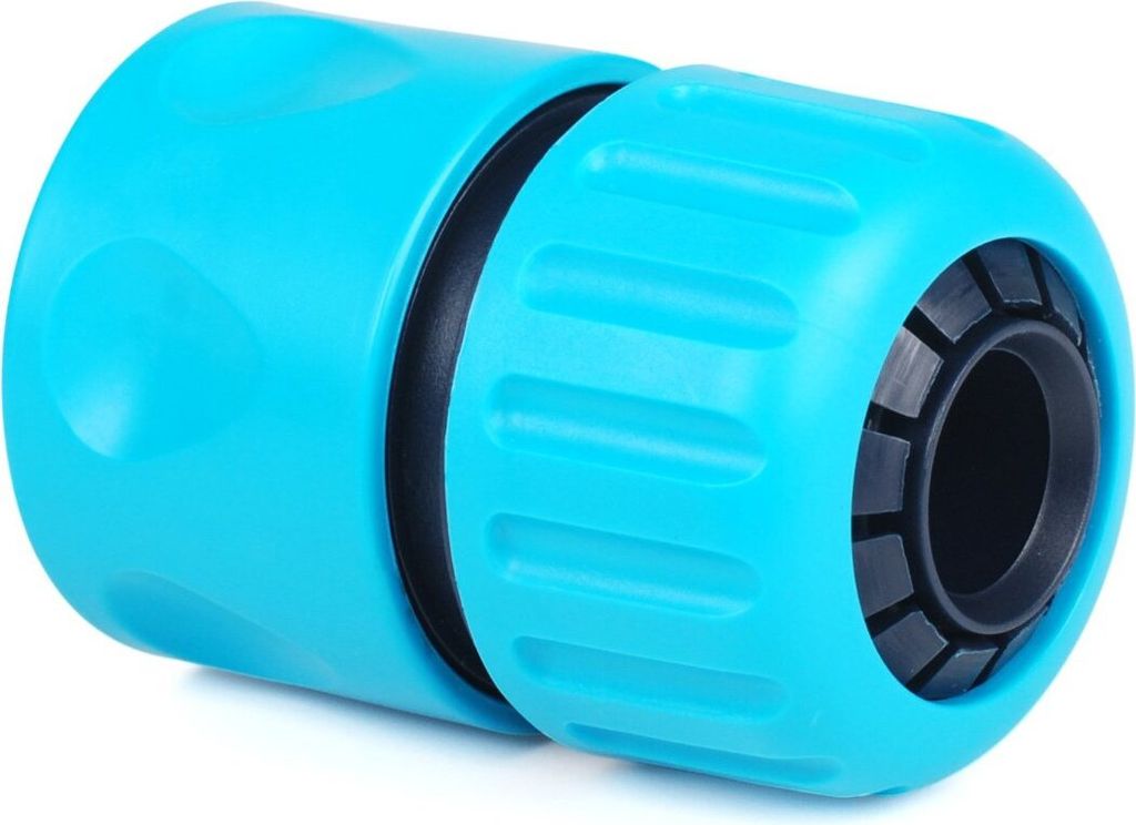 A close-up studio shot of a blue hose connector against a white background.