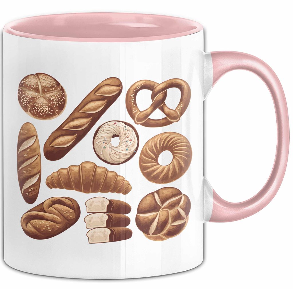 Arten Von Brot Tasse Geschenk Brotarten Baguette Croissant Bagel Kaffee-Becher (Rosa)